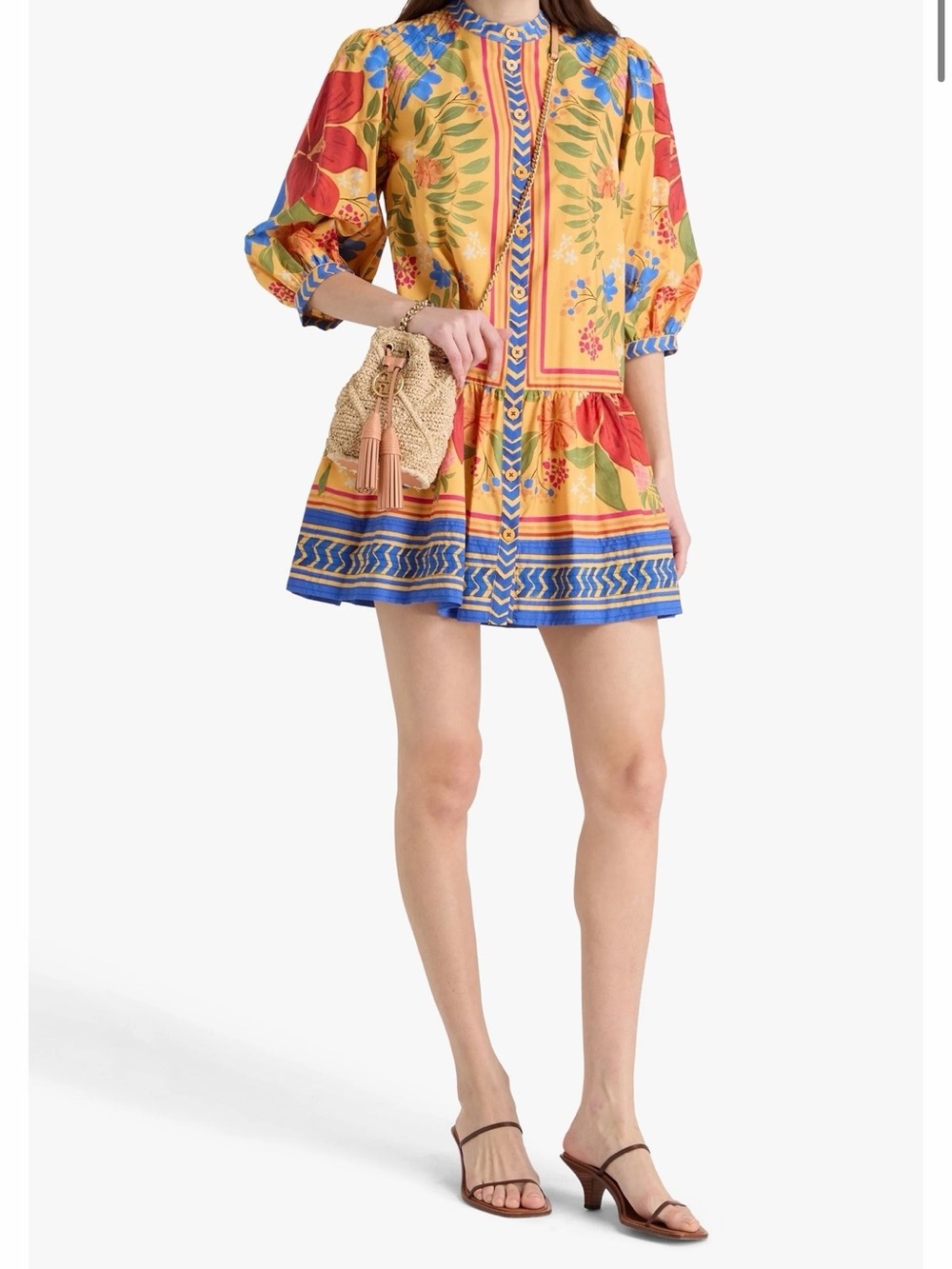 FARM Rio Yellow Floral Button-Front Mini Dress with Blue Trim